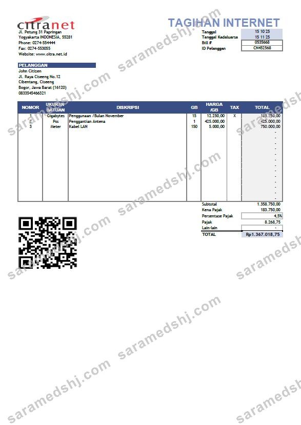 Indonesia Citranet utility bill template in Word and PDF formats